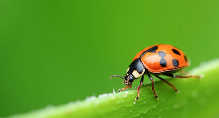 Fototapeta premium ladybug on a green leaf macro