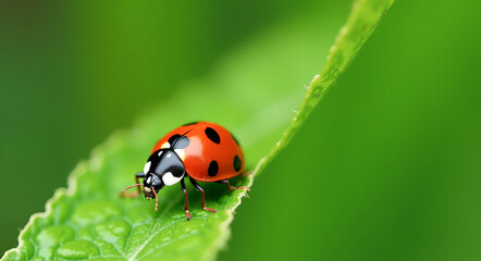 ladybug on a green leaf macro