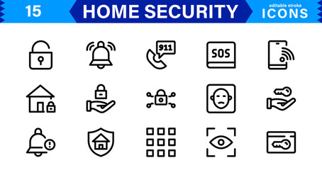 Home Security Icon Set - Creative, Minimalist Designs for Smart Locks, CCTV, Alarm Monitoring, Safety Apps, and Residential Security