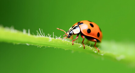 Fototapeta premium ladybug on a green leaf macro
