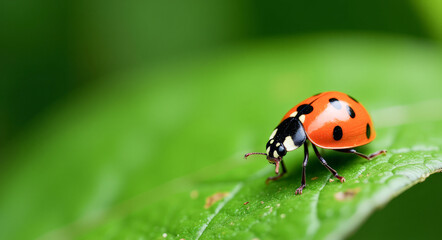 Fototapeta premium ladybug on a green leaf macro