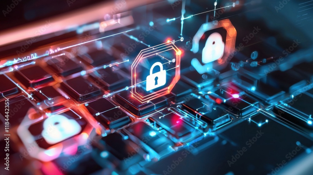 Poster futuristic digital security interface with encryption symbols and cyber locks