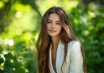 Naklejka premium Woman in a white business suit is smiling confidently while standing outdoors. Background is soft blur of green trees and natural light, creating calm and professional atmosphere.