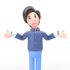3D illustration of man confused. Portrait of cartoon smiling elegant businessman in blue suit with confused gesture, isolated on white background.