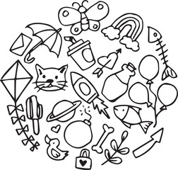 Vector hand-drawn kids doodle set. Drawings for children in black and white hand drawn sketch	