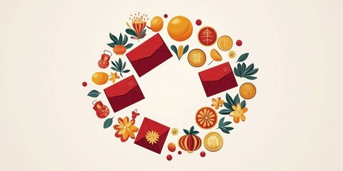Decorative vector with Chinese New Year icons: Icons like red envelopes, firecrackers, oranges, and gold coins, all arranged in a circular design with a festive red and gold color scheme.