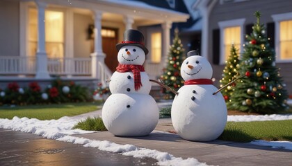 Obraz premium Snowman and Christmas tree decorate the sidewalk in front of a house, seasonal decor, christmas tree
