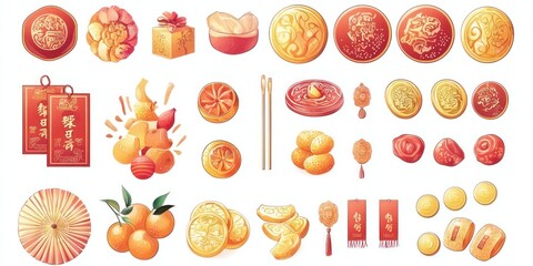 Decorative vector with Chinese New Year icons: Icons like red envelopes, firecrackers, oranges, and gold coins, all arranged in a circular design with a festive red and gold color scheme.