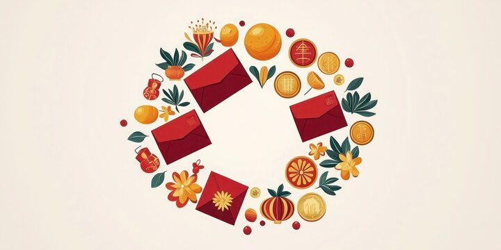 Decorative vector with Chinese New Year icons: Icons like red envelopes, firecrackers, oranges, and gold coins, all arranged in a circular design with a festive red and gold color scheme. - Powered by Adobe