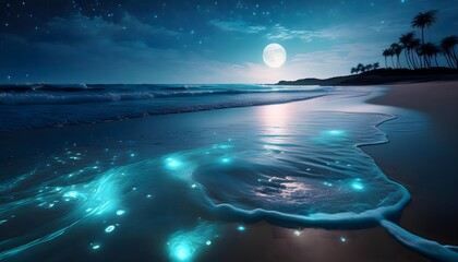 Magical Bio luminescent Ocean Beach Night Scene