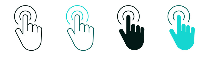 Hand cursor icon set. Line and flat solid logo. Technology, artificial intelligence or internet concept. Modern click symbol for web or mobile app. Finger tap or touch sign. Editable vector stroke. 
