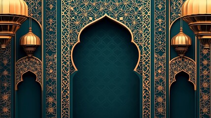 Elegant Gold Islamic Archways: Teal Arabesque Design