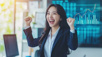 A woman in a business suit is smiling and celebrating with her hands in the air. Generative AI