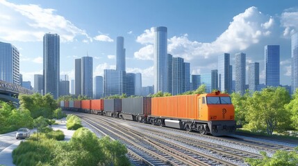 Fototapeta premium Freight train transporting cargo through modern cityscape urban environment daytime view industrial concept