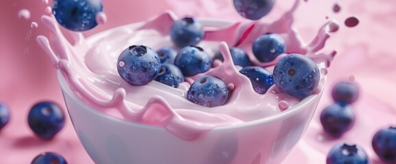 Blueberries splashing into pink yogurt in a bowl.