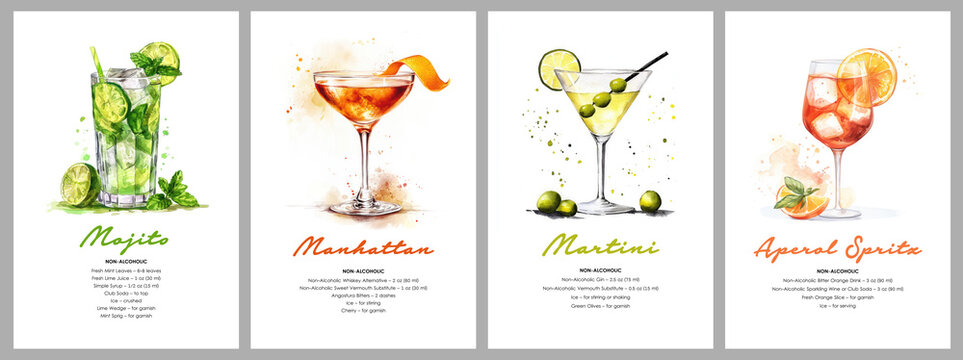 Manhattan, Martini, Mojito, Aperol Spritz cocktails. Watercolor illustration of non-alcoholic drinks on white background. Drink recipe concept for bar menus and beverage design	
