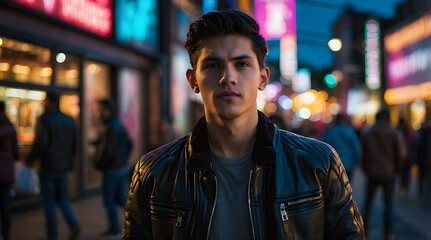 Fototapeta premium Young man in leather jacket at night in a city street