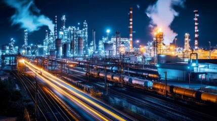 Industrial night operations train movement at a chemical plant in an urban environment captured with long exposure technique