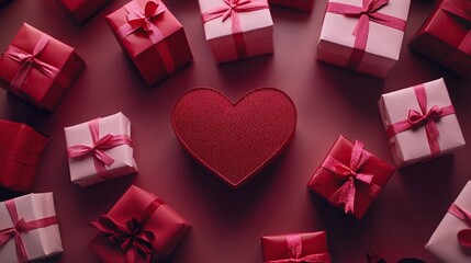 A flat lay of red and pink gift boxes arranged in a heart shape