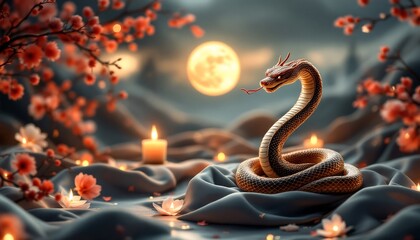 Mystical Dragon Snake with Cherry Blossoms and Candles: Generative AI Art