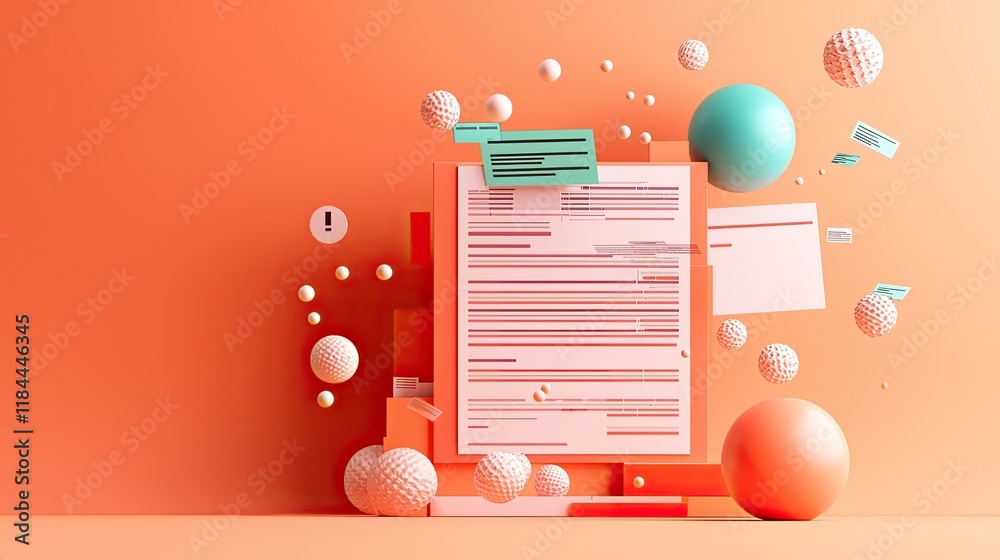 Poster abstract 3d rendering of a resume with floating spheres and notes.