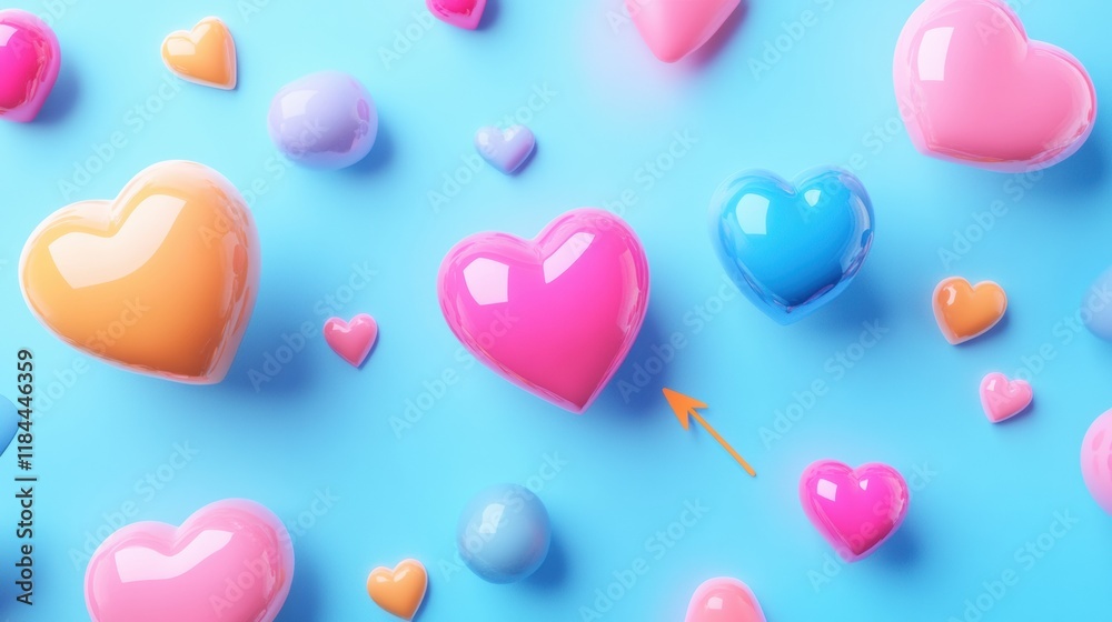 Poster colorful floating 3d chat bubbles and hearts against a blue background creating a cheerful atmospher