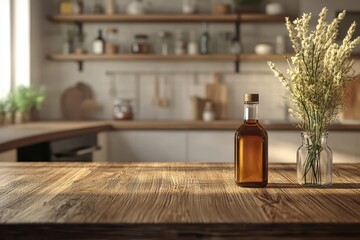 Rustic kitchen table, oil bottle, flowers, sunlight, shelving
