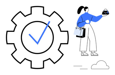 Woman holding shopping bags and purse, giant gear with checkmark. Ideal for concepts thumbs up shopping, accomplishment, task completion, technology, process, efficiency productivity. Modern