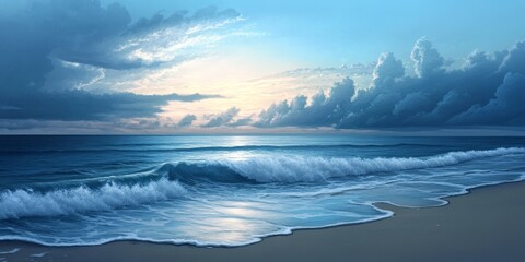 Evening at the beach offers a beautiful scene where the sky meets the ocean, creating a tranquil atmosphere perfect for relaxing on the beach during this serene time. Enjoy the beach at dusk.
