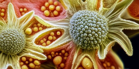 Pollen grains and anther of a flower examined under a microscope, showcasing the intricate details of pollen grains for educational purposes in a scientific context.