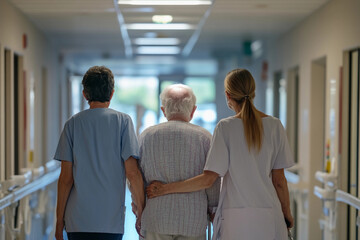 Healthcare professionals assist an elderly patient through a hospital corridor during morning hours, highlighting compassionate care and teamwork