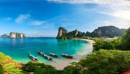 Fototapeta premium Idyllic Tropical Beach Scene Boats Turquoise Water Cliffs