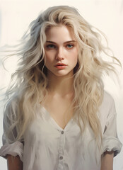 Fototapeta premium A serene portrait of a young woman with flowing blonde hair and piercing green eyes, bathed in warm light, her white blouse and minimalist background embodying natural elegance and freedom.