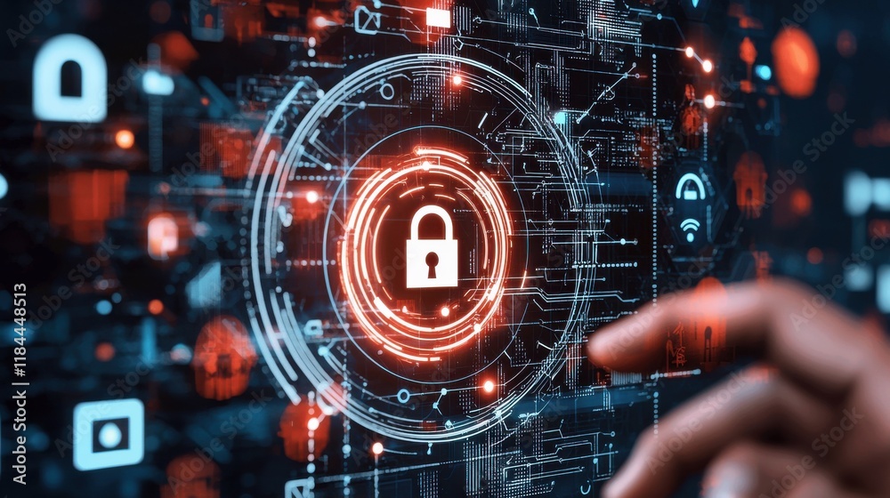 Poster secure digital technology lock icon representing data protection and cybersecurity in modern cloud c
