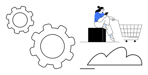 Woman sitting on a block using a mobile device near a shopping cart. Gears, cloud, and conceptual elements. Ideal for online shopping, e-commerce, digital transformation, technology, cloud computing