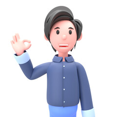 3D illustration of man showing ok gesture. Portrait of cartoon smiling elegant businessman in blue suit with okay sign, isolated on white background.