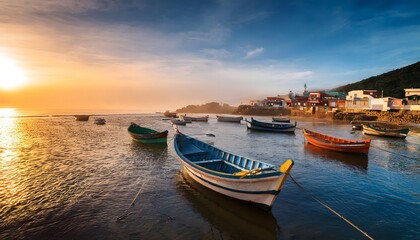 Fototapeta premium Sunrise Coastal Village Boatscape Tranquil Fishing Boats at Golden Hour