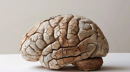 Aging human brain model with subtle cracks and fading colors, symbolizing cognitive decline and mental health. Concept of aging, neuroscience, and mental wellness.