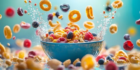 Action packed breakfast cereal image showcasing vibrant elements of the cereal. This dynamic breakfast cereal scene captures the excitement of starting your day with a nutritious breakfast cereal