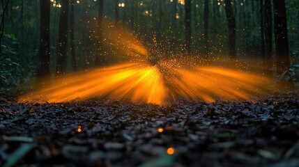 Magical Forest Sunlight: Golden Rays and Sparkling Dust Motes Illuminate Dark Woods