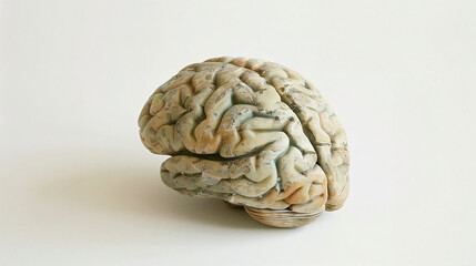 Aging human brain model with subtle cracks and fading colors, symbolizing cognitive decline and mental health. Concept of aging, neuroscience, and mental wellness.