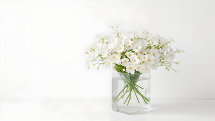 light gray soft background with transparent vase with flowers