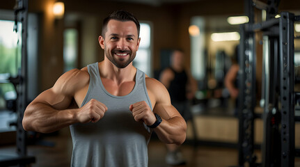 Confident Man in Gym Showing Off Muscle Strength
