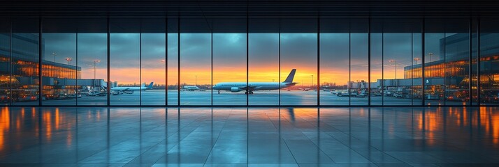 Modern airport interior showcasing panoramic windows and sunset view over the runway