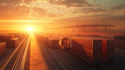 Sunset over freight yard transportation hub digital artwork urban landscape wide angle industrial tranquility