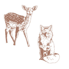 Line art Animals Illustration,Fox,Deer, Trendy Pantone 2025, Mocha mousse,clipart,detailed engraving illustration, Vintage hand drawm digital art, Design children elements, , kids klipart print images
