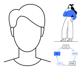 Person pondering alongside head outline and process flow diagram with arrows, boxes, and dots. Ideal for decision making, problem solving, brainstorming, planning, analysis, strategy development