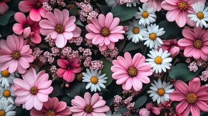 Vibrant Bunch of Pink and White Flowers Blooming in a Lush Green Garden Creating a Joyful Atmosphere
