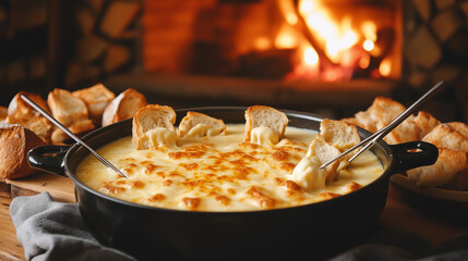 A bubbling cheese fondue pot with golden, melted cheese and dipping forks holding bread pieces, placed in a cozy chalet interior with a roaring fireplace in the background