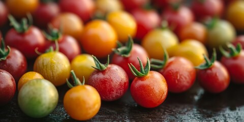 A detailed view of fresh, ripe cherry tomatoes in the backdrop. These vibrant cherry tomatoes add a lively touch to the scene, emphasizing their freshness and color.